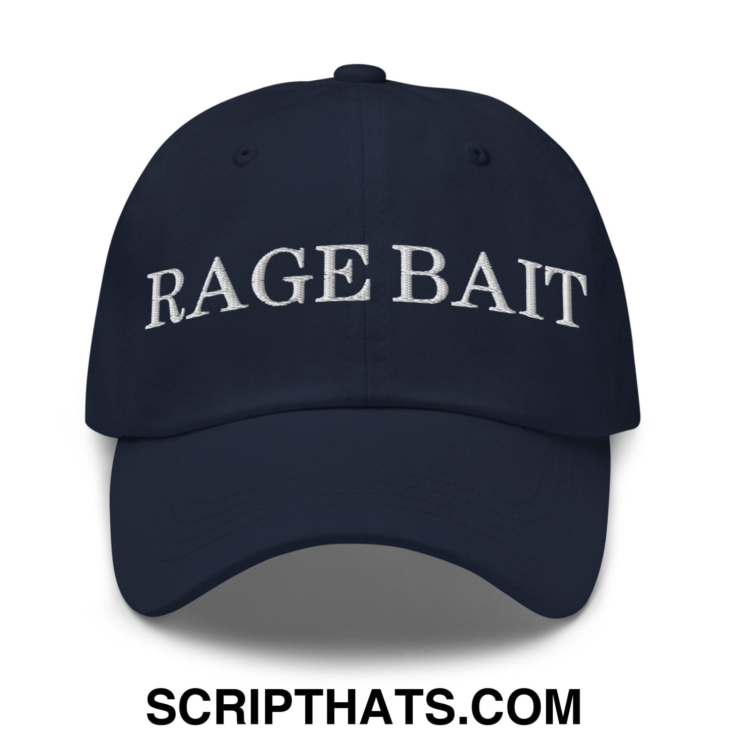 Navy blue unstructured dad hat with white embroidered rage bait text across the front for casual wear