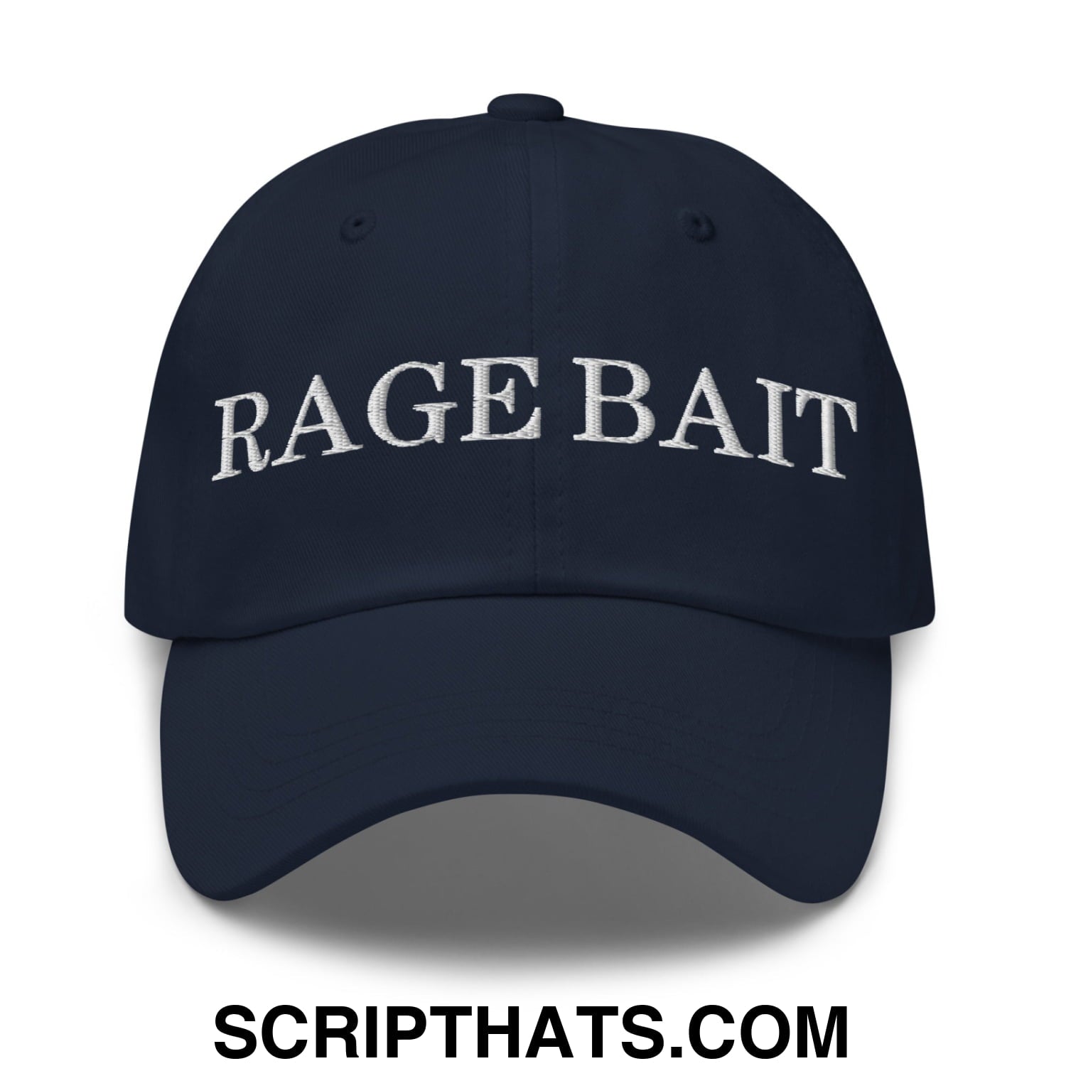 Navy blue unstructured dad hat with white embroidered rage bait text across the front for casual wear