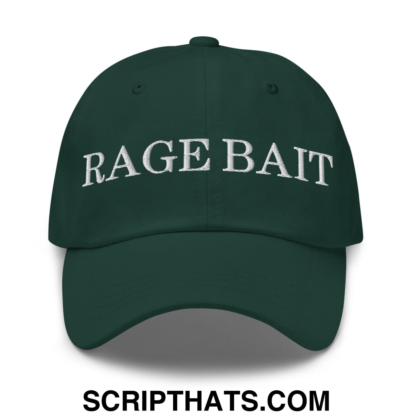 Dark green unstructured dad hat with white embroidered rage bait text on front for casual wear