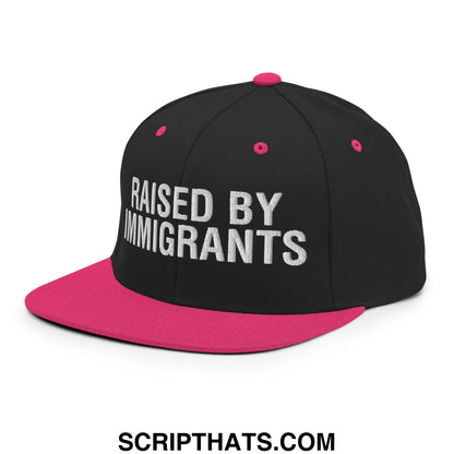Raised By Immigrants Embroidered Flat Bill Brim Snapback Hat Black Neon Pink