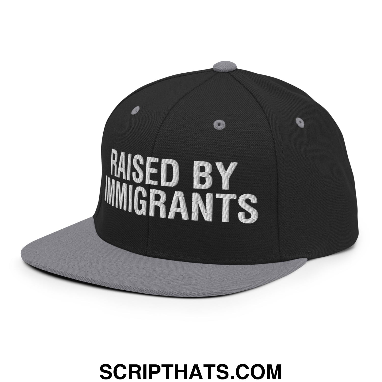 Raised By Immigrants Embroidered Flat Bill Brim Snapback Hat Black Silver