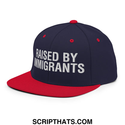 Raised By Immigrants Embroidered Flat Bill Brim Snapback Hat Navy Red