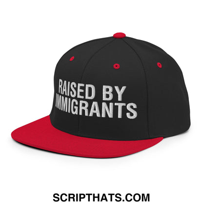 Raised By Immigrants Embroidered Flat Bill Brim Snapback Hat Black Red