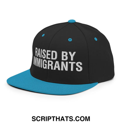 Raised By Immigrants Embroidered Flat Bill Brim Snapback Hat Black Teal