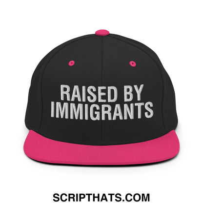 Raised By Immigrants Embroidered Flat Bill Brim Snapback Hat Black Neon Pink
