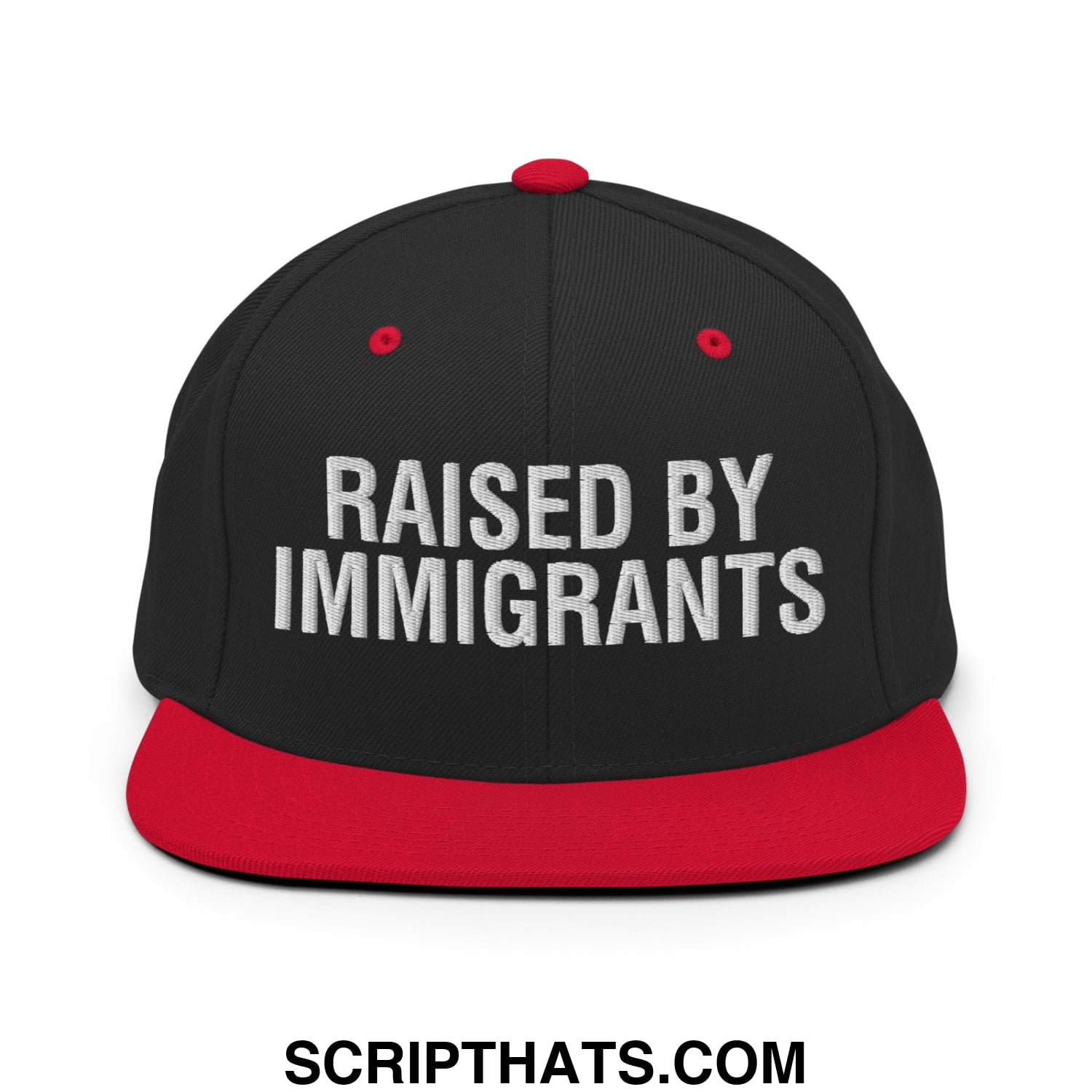 Raised By Immigrants Embroidered Flat Bill Brim Snapback Hat Black Red