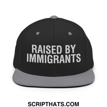 Raised By Immigrants Embroidered Flat Bill Brim Snapback Hat Black Silver