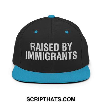 Raised By Immigrants Embroidered Flat Bill Brim Snapback Hat Black Teal