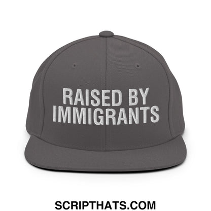 Raised By Immigrants Embroidered Flat Bill Brim Snapback Hat Dark Grey