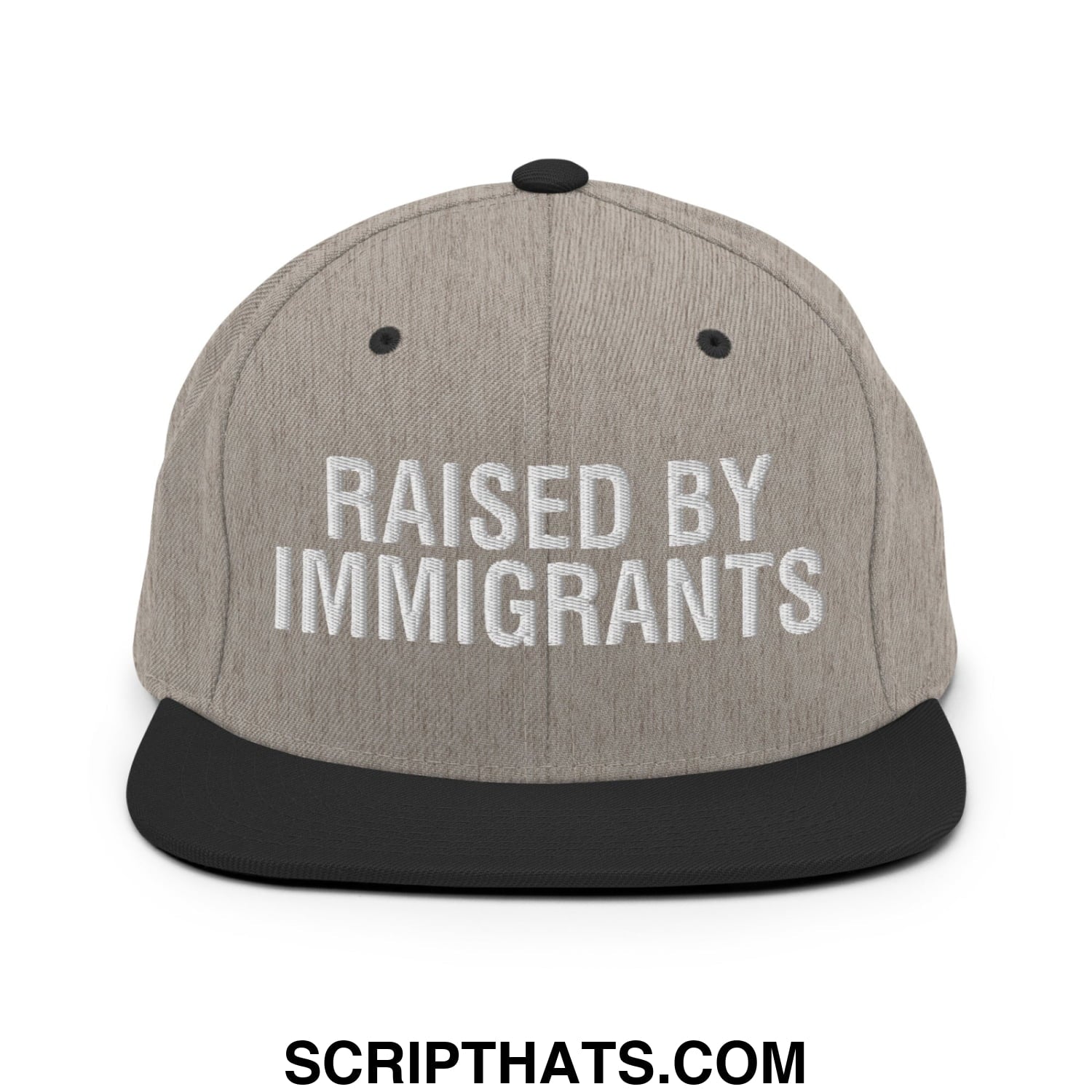 Raised By Immigrants Embroidered Flat Bill Brim Snapback Hat Heather Black