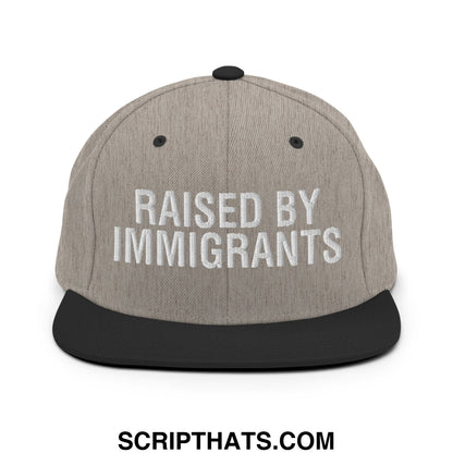 Raised By Immigrants Embroidered Flat Bill Brim Snapback Hat Heather Black