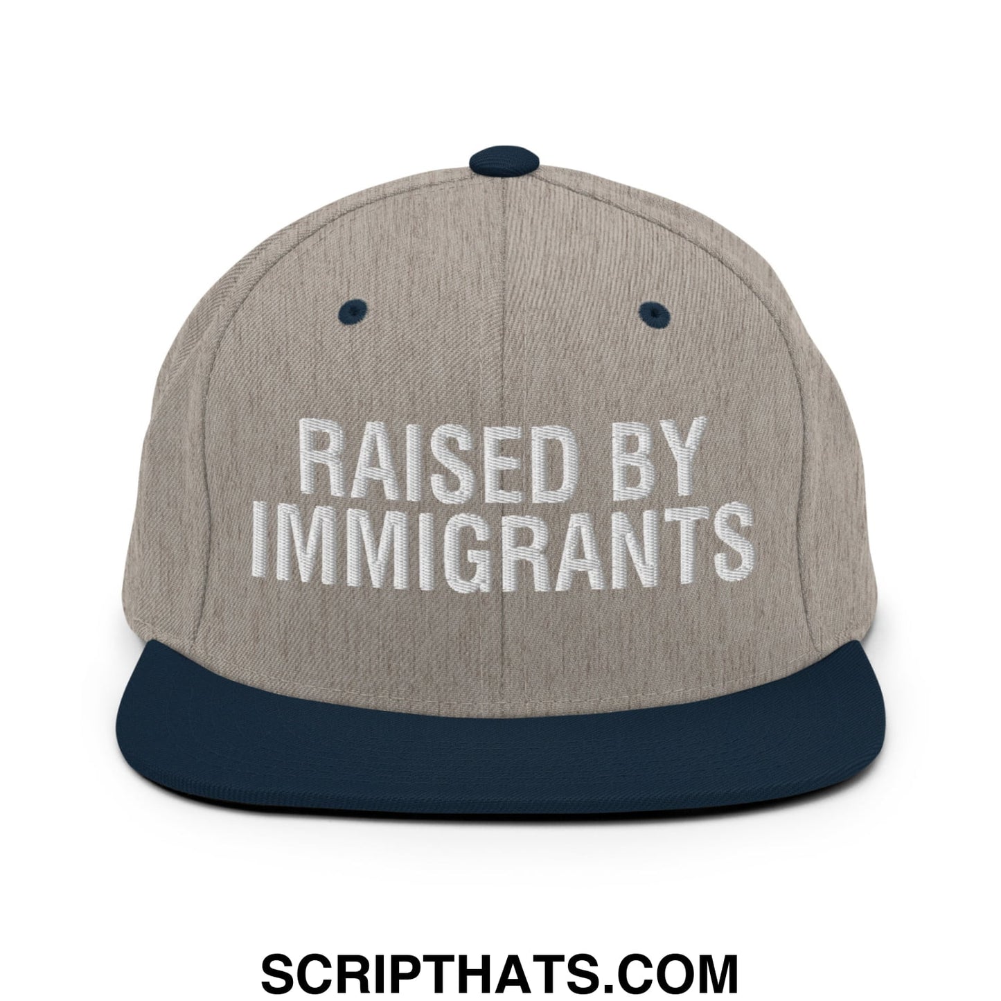 Raised By Immigrants Embroidered Flat Bill Brim Snapback Hat Heather Grey Navy