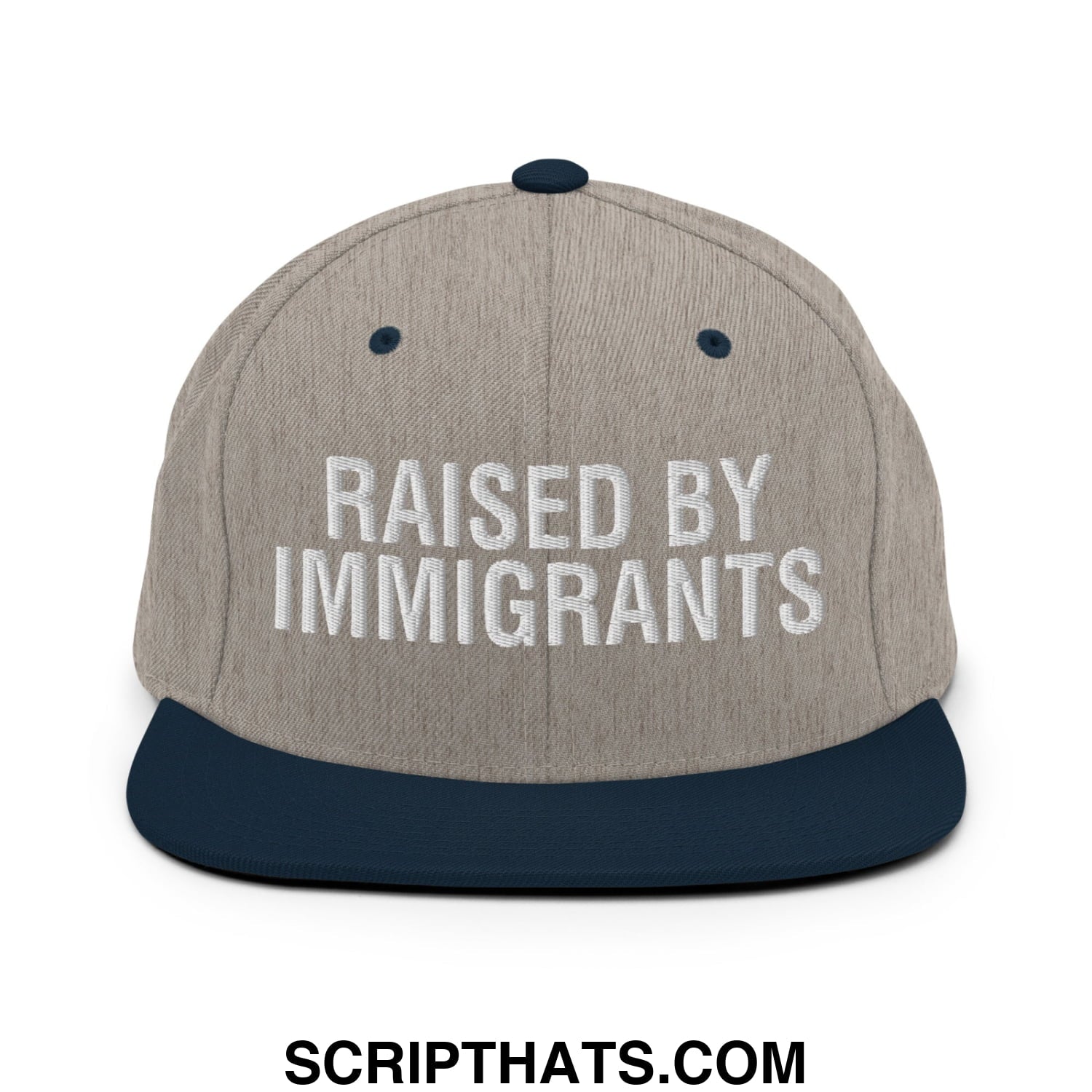 Raised By Immigrants Embroidered Flat Bill Brim Snapback Hat Heather Grey Navy