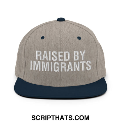 Raised By Immigrants Embroidered Flat Bill Brim Snapback Hat Heather Grey Navy