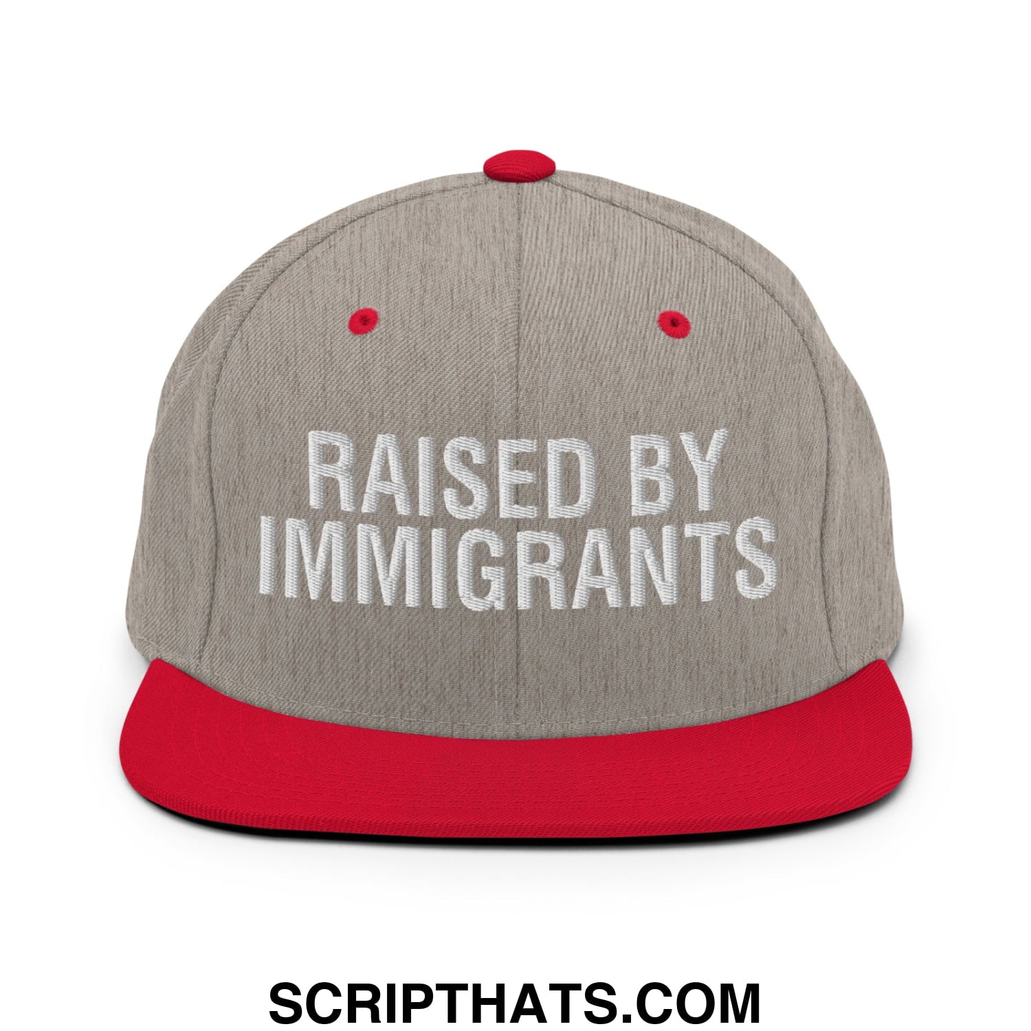 Raised By Immigrants Embroidered Flat Bill Brim Snapback Hat Heather Grey Red