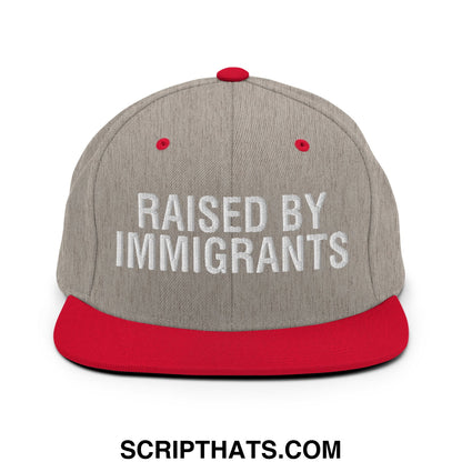 Raised By Immigrants Embroidered Flat Bill Brim Snapback Hat Heather Grey Red