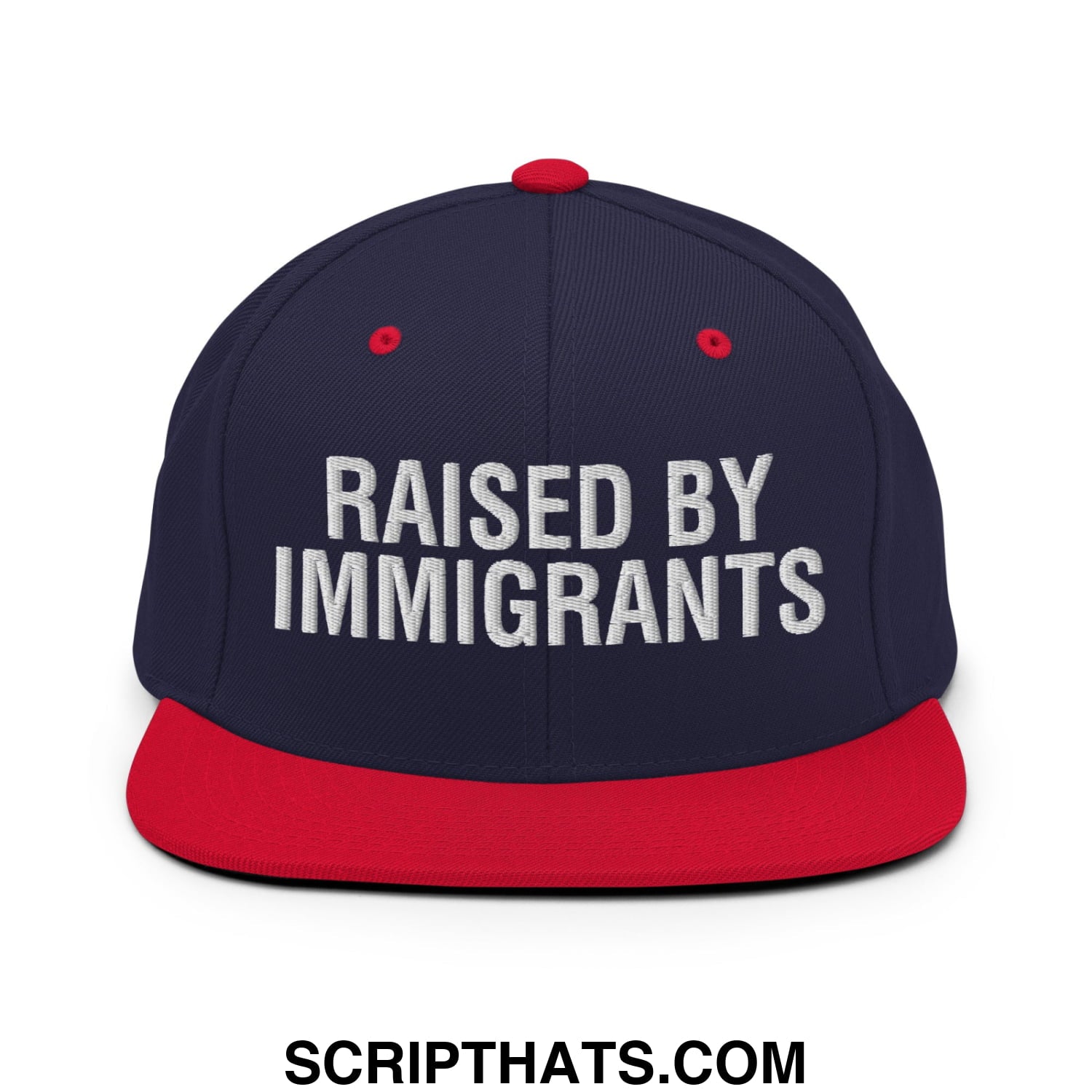 Raised By Immigrants Embroidered Flat Bill Brim Snapback Hat Navy Red
