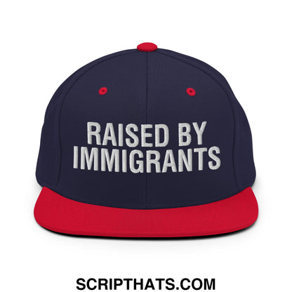 Raised By Immigrants Embroidered Flat Bill Brim Snapback Hat Navy Red