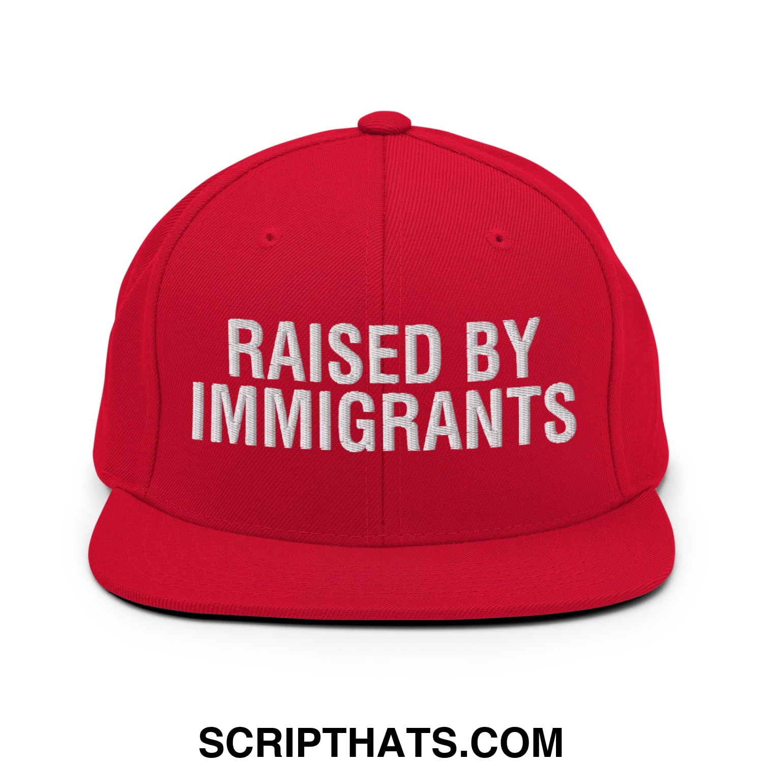 Raised By Immigrants Embroidered Flat Bill Brim Snapback Hat Red