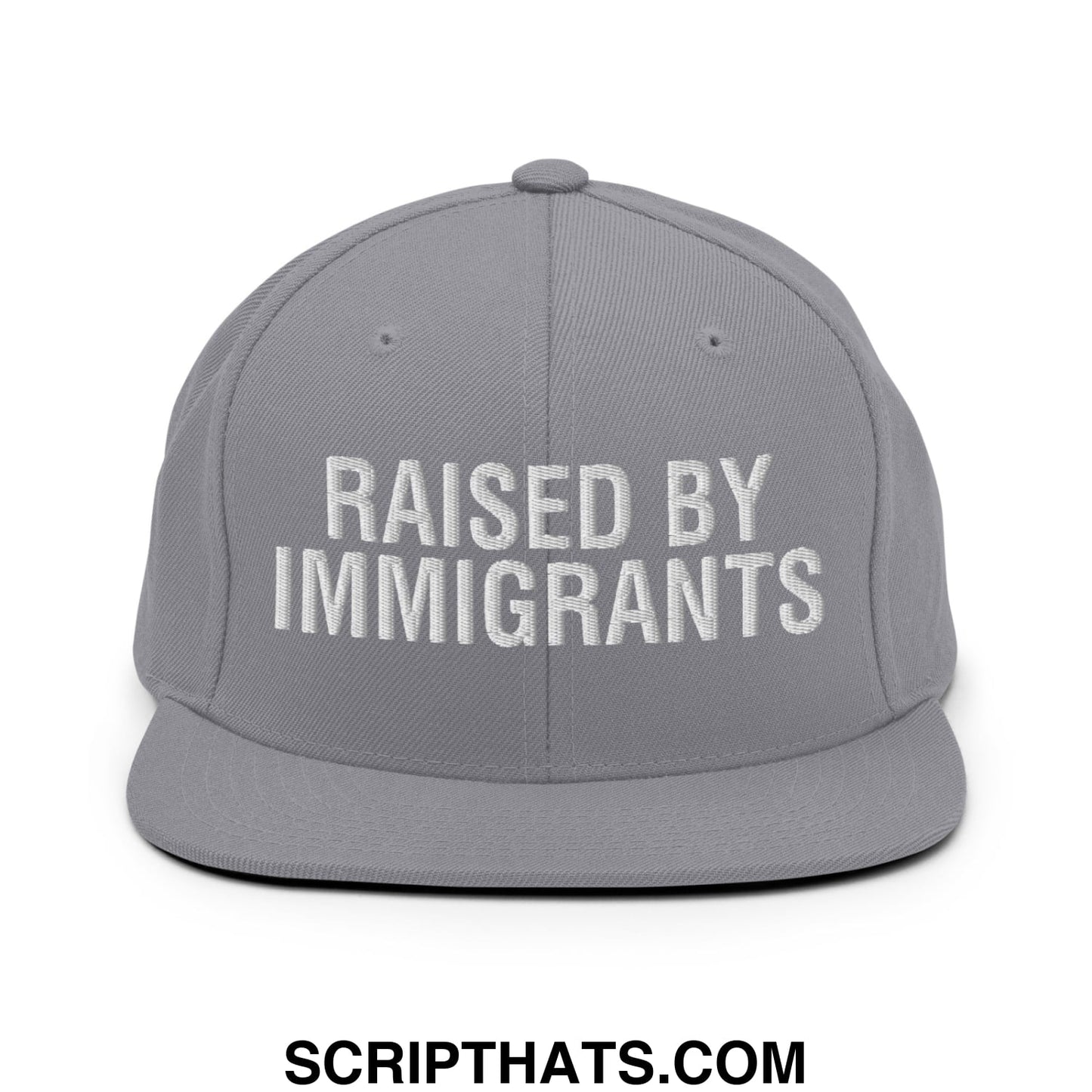 Raised By Immigrants Embroidered Flat Bill Brim Snapback Hat Silver