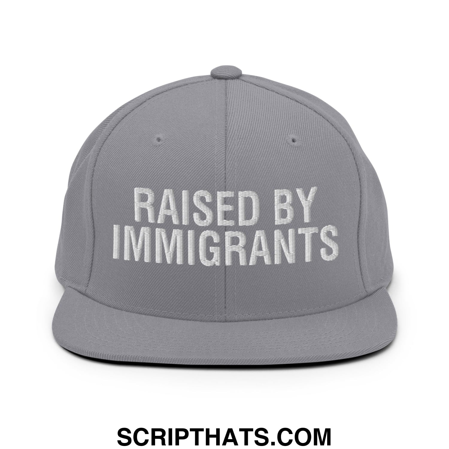 Raised By Immigrants Embroidered Flat Bill Brim Snapback Hat Silver