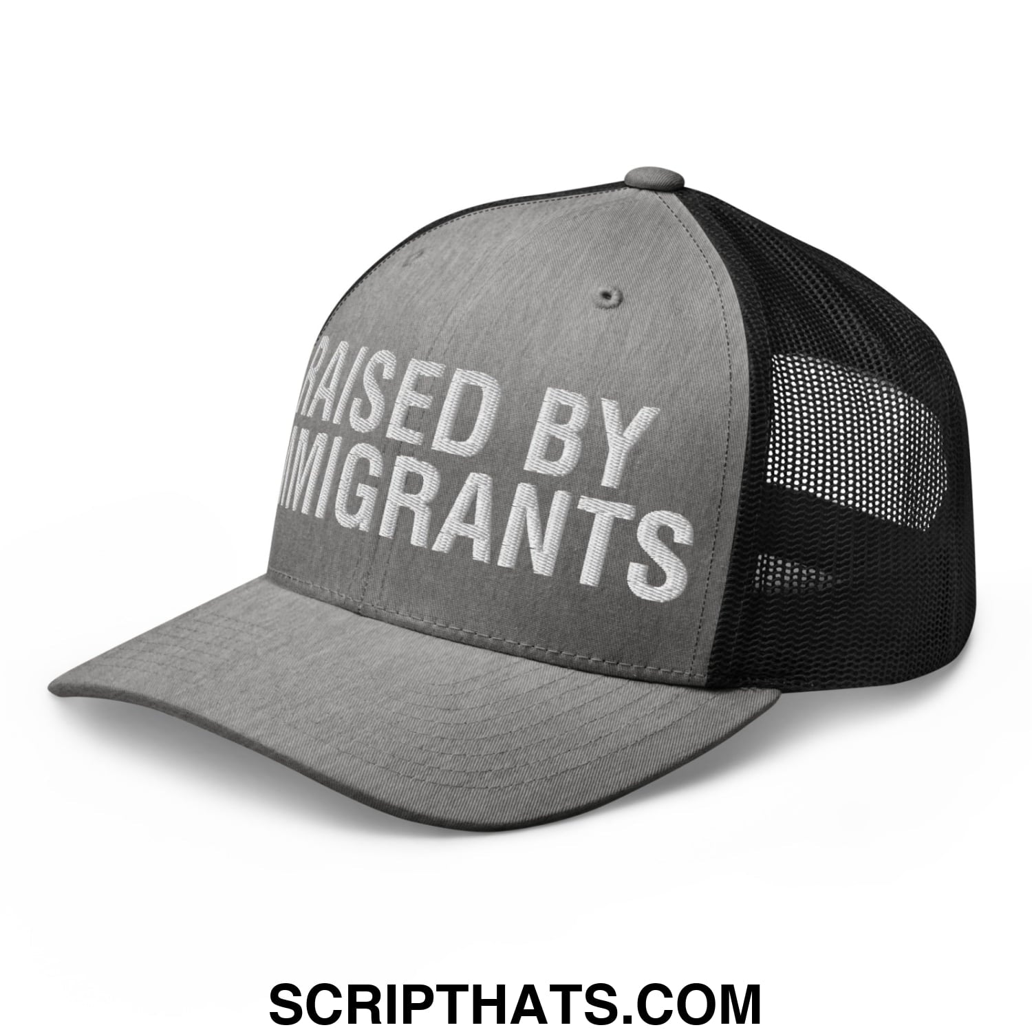 Raised By Immigrants Embroidered Mesh Trucker Hat Heather Black