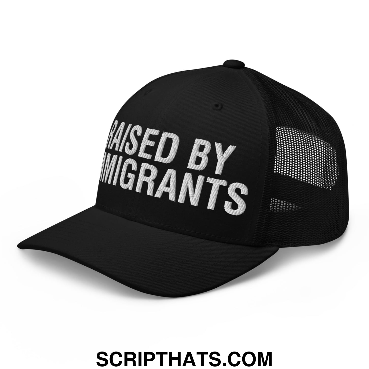 Raised By Immigrants Embroidered Mesh Trucker Hat Black