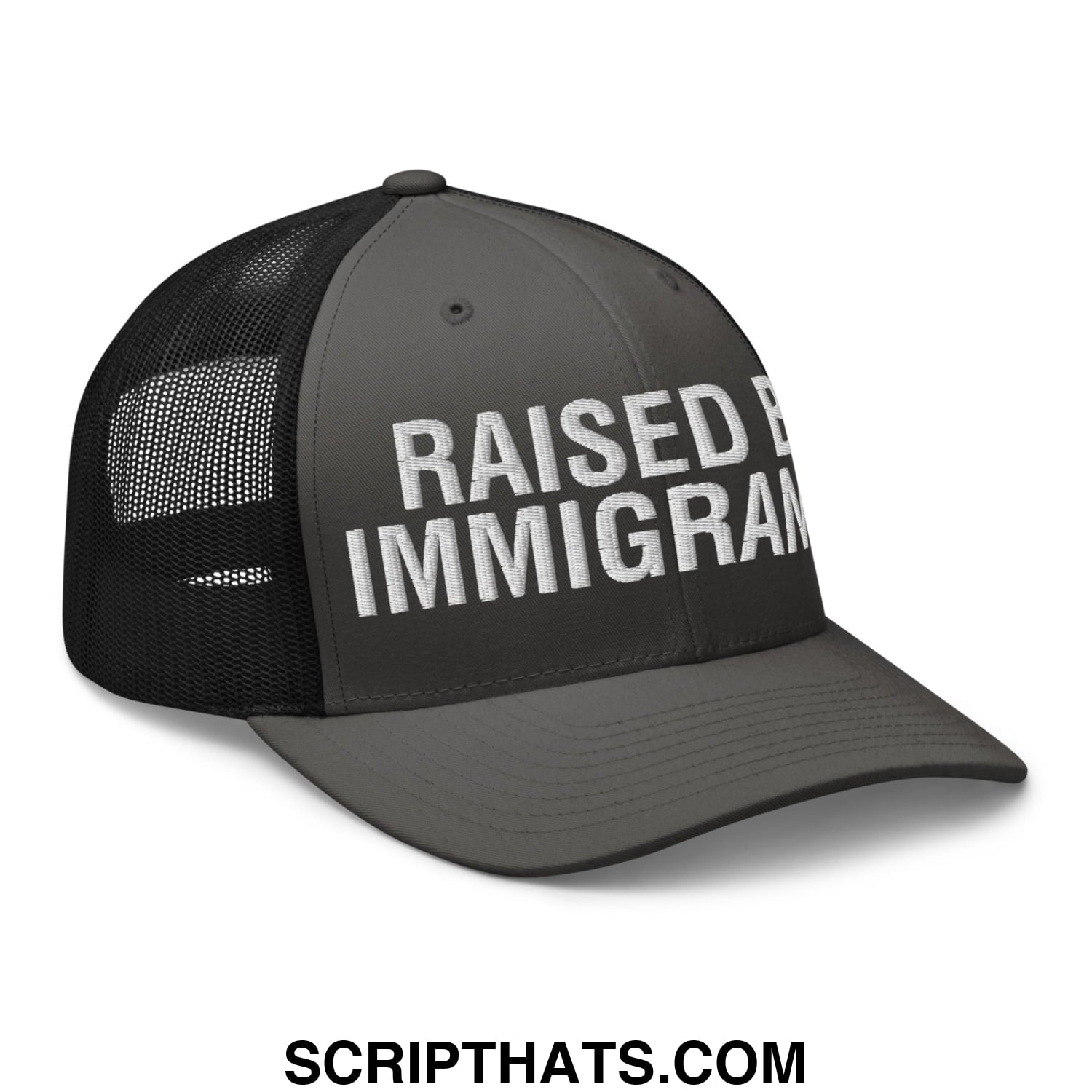 Raised By Immigrants Embroidered Mesh Trucker Hat Charcoal Black