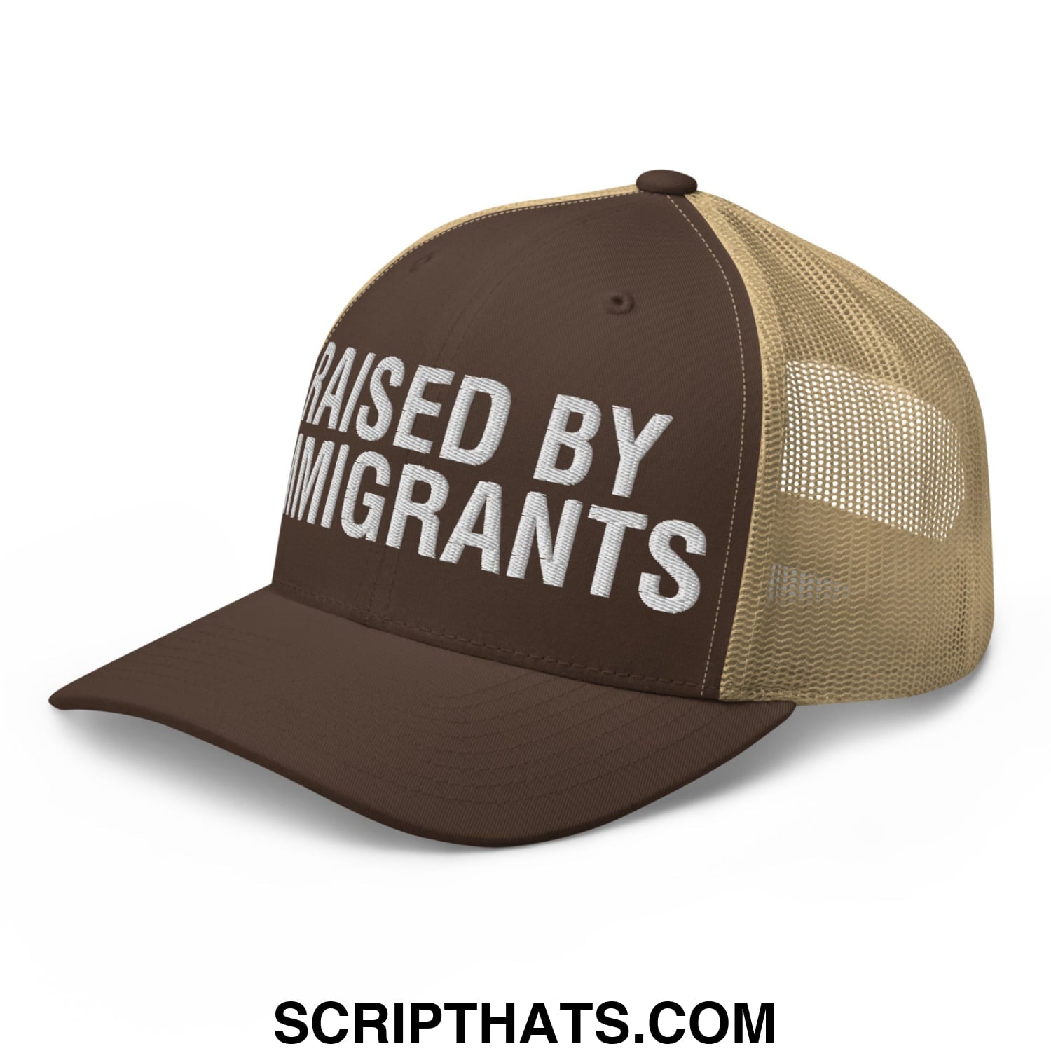 Raised By Immigrants Embroidered Mesh Trucker Hat Brown Khaki