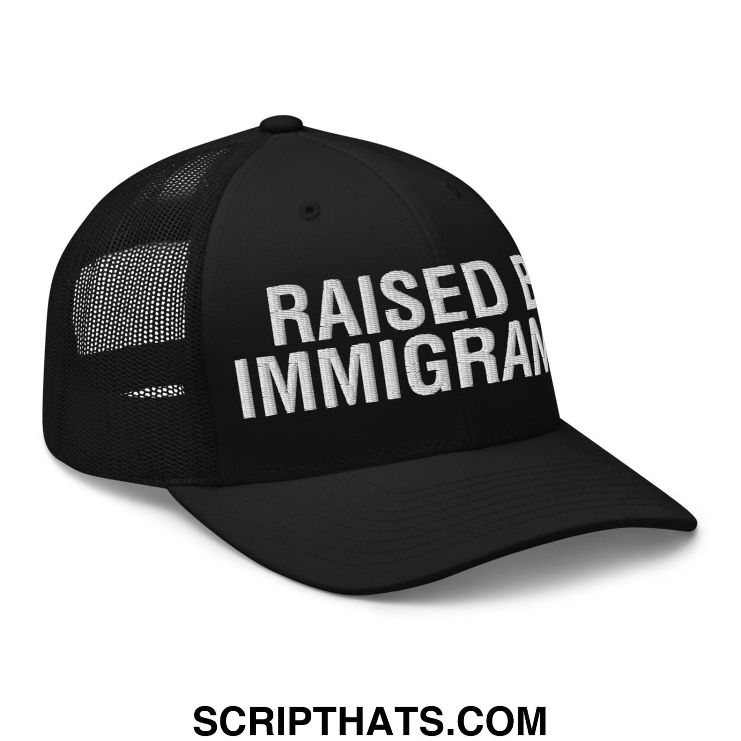 Raised By Immigrants Embroidered Mesh Trucker Hat Black