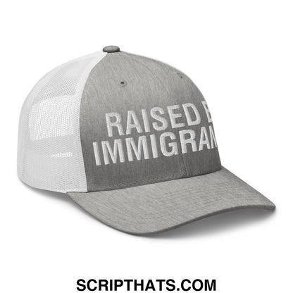 Raised By Immigrants Embroidered Mesh Trucker Hat Heather Grey White