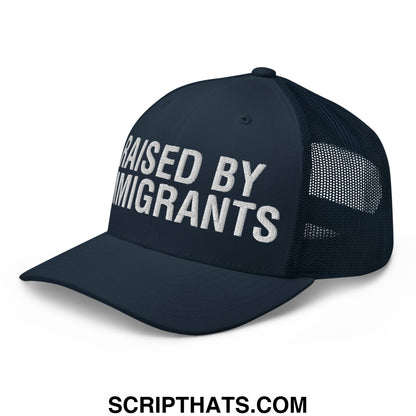 Raised By Immigrants Embroidered Mesh Trucker Hat Navy