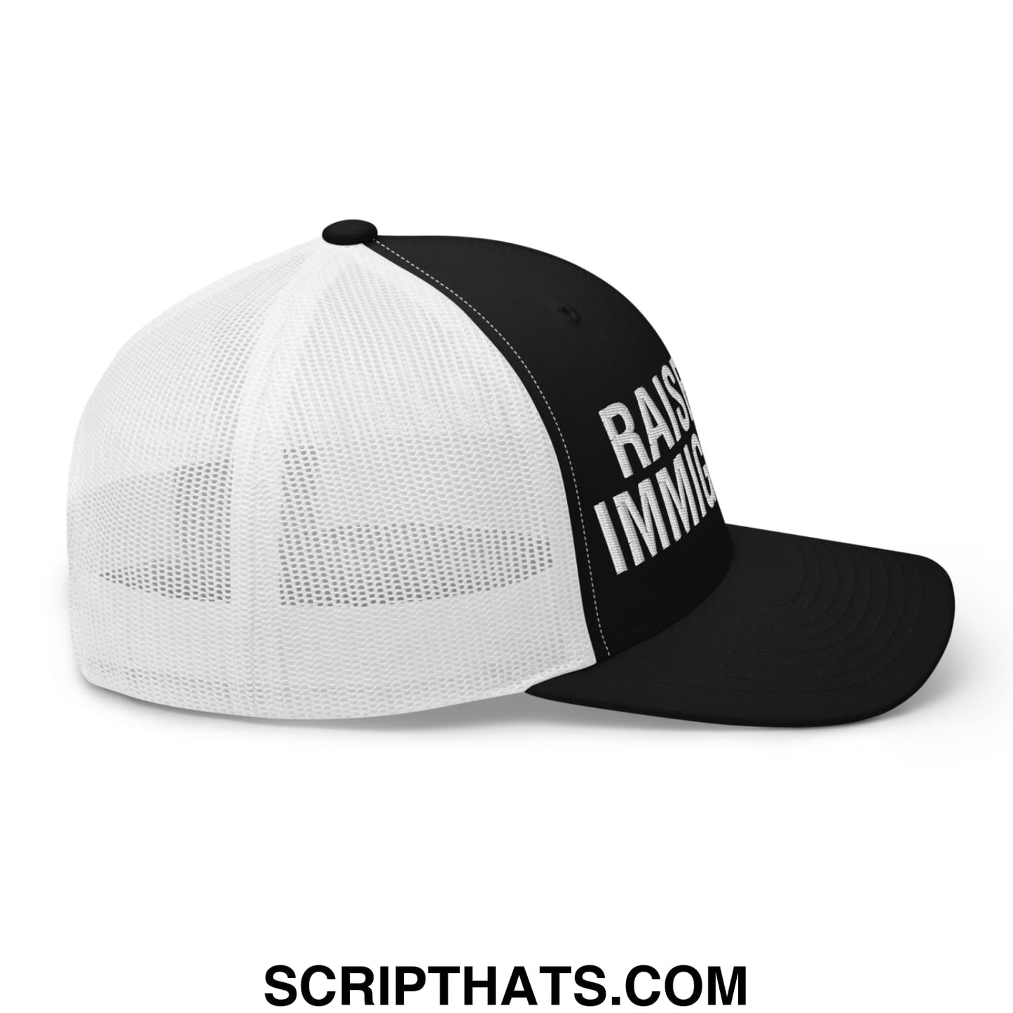 Raised By Immigrants Embroidered Mesh Trucker Hat Black White