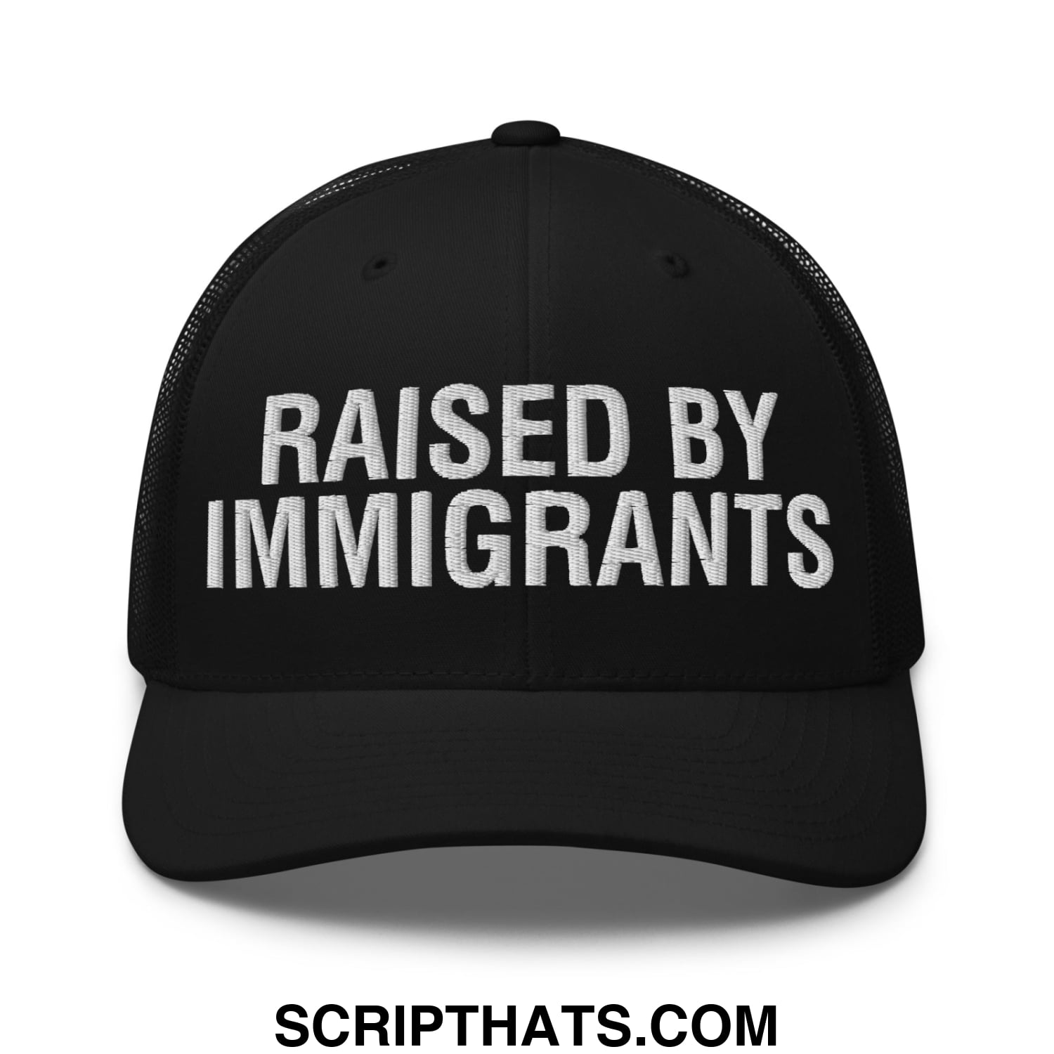 Raised By Immigrants Embroidered Mesh Trucker Hat Black