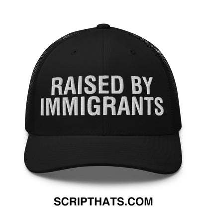 Raised By Immigrants Embroidered Mesh Trucker Hat Black