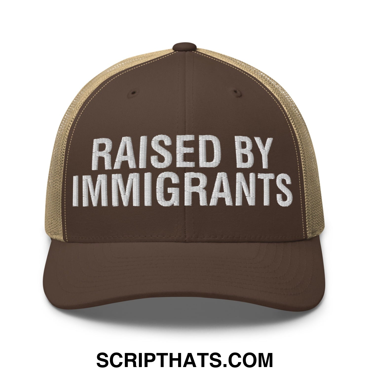 Raised By Immigrants Embroidered Mesh Trucker Hat Brown Khaki