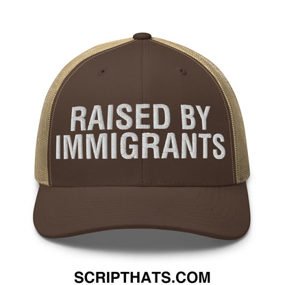 Raised By Immigrants Embroidered Mesh Trucker Hat Brown Khaki