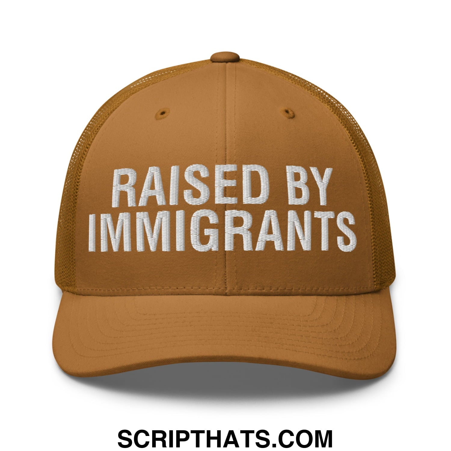 Raised By Immigrants Embroidered Mesh Trucker Hat Caramel