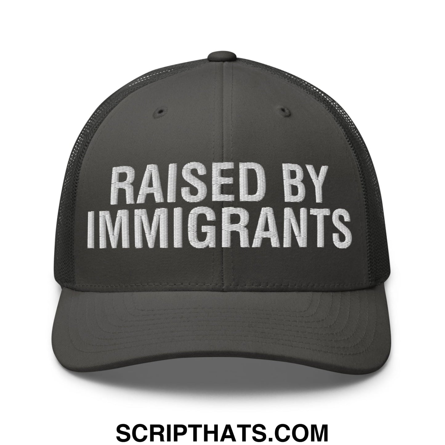 Raised By Immigrants Embroidered Mesh Trucker Hat Charcoal