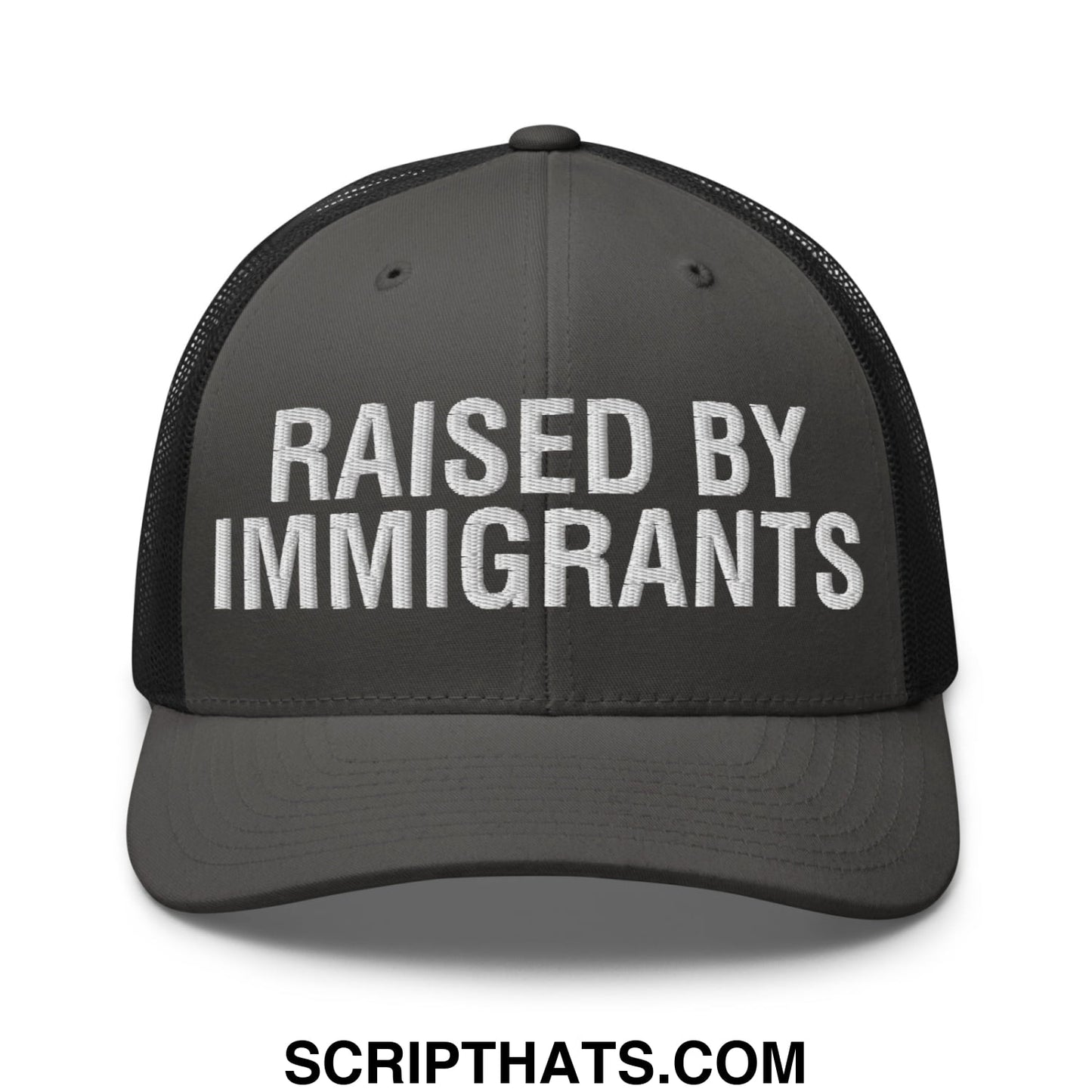 Raised By Immigrants Embroidered Mesh Trucker Hat Charcoal Black