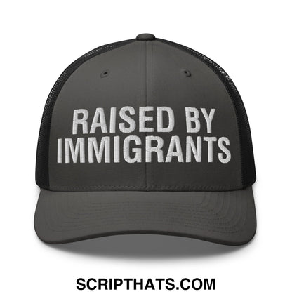 Raised By Immigrants Embroidered Mesh Trucker Hat Charcoal Black