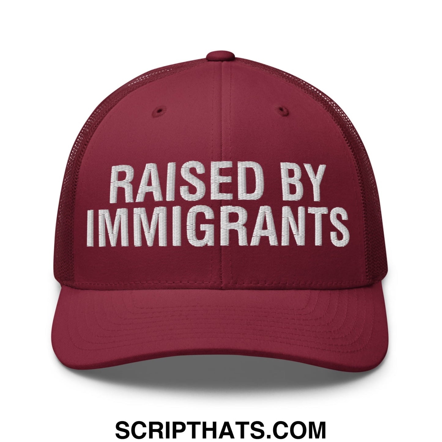 Raised By Immigrants Embroidered Mesh Trucker Hat Cranberry
