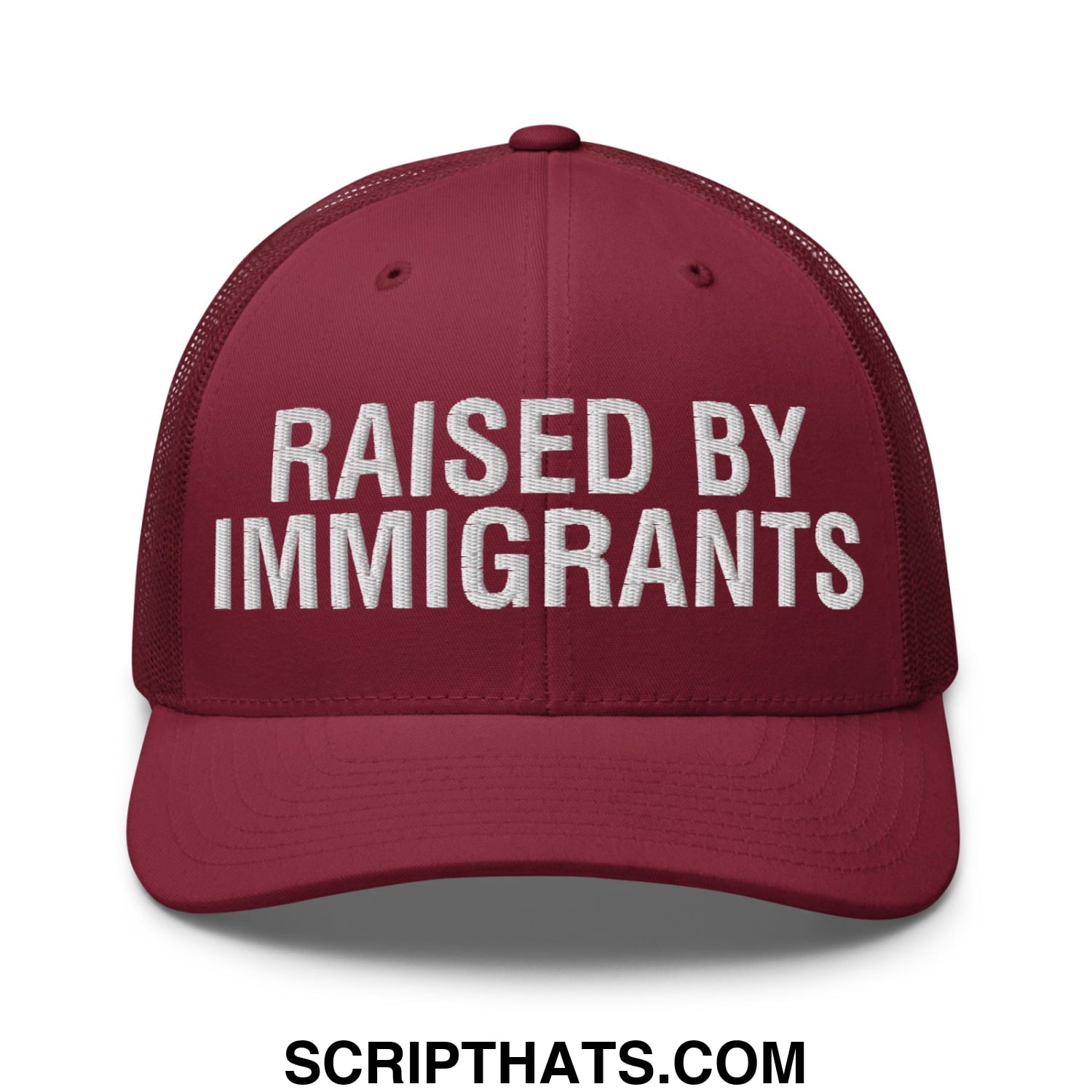 Raised By Immigrants Embroidered Mesh Trucker Hat Cranberry