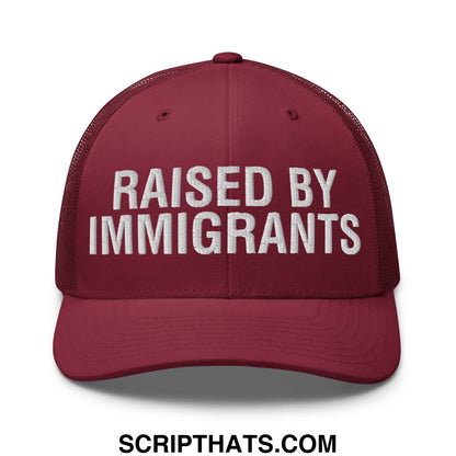 Raised By Immigrants Embroidered Mesh Trucker Hat Cranberry