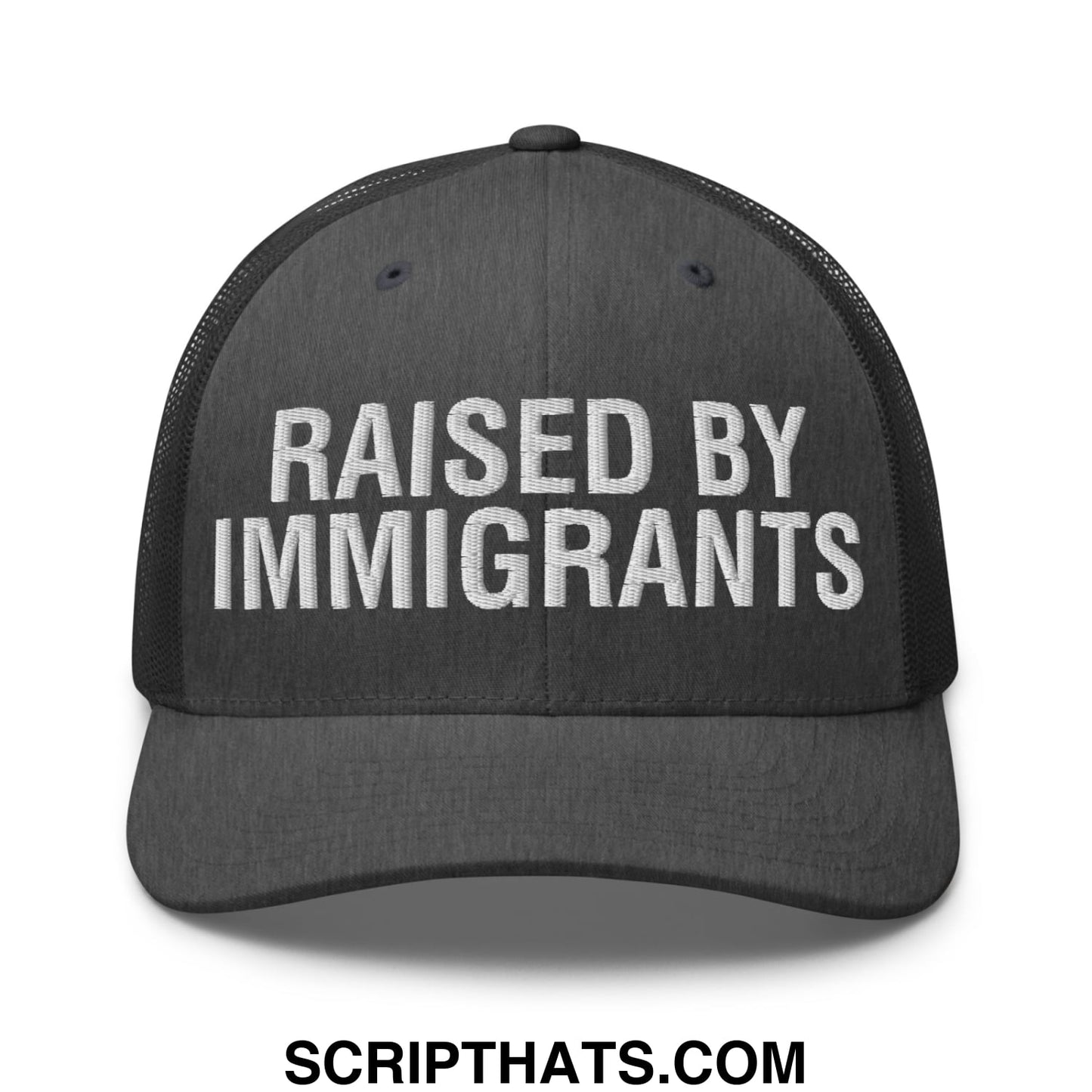 Raised By Immigrants Embroidered Mesh Trucker Hat Dark Heather Gray