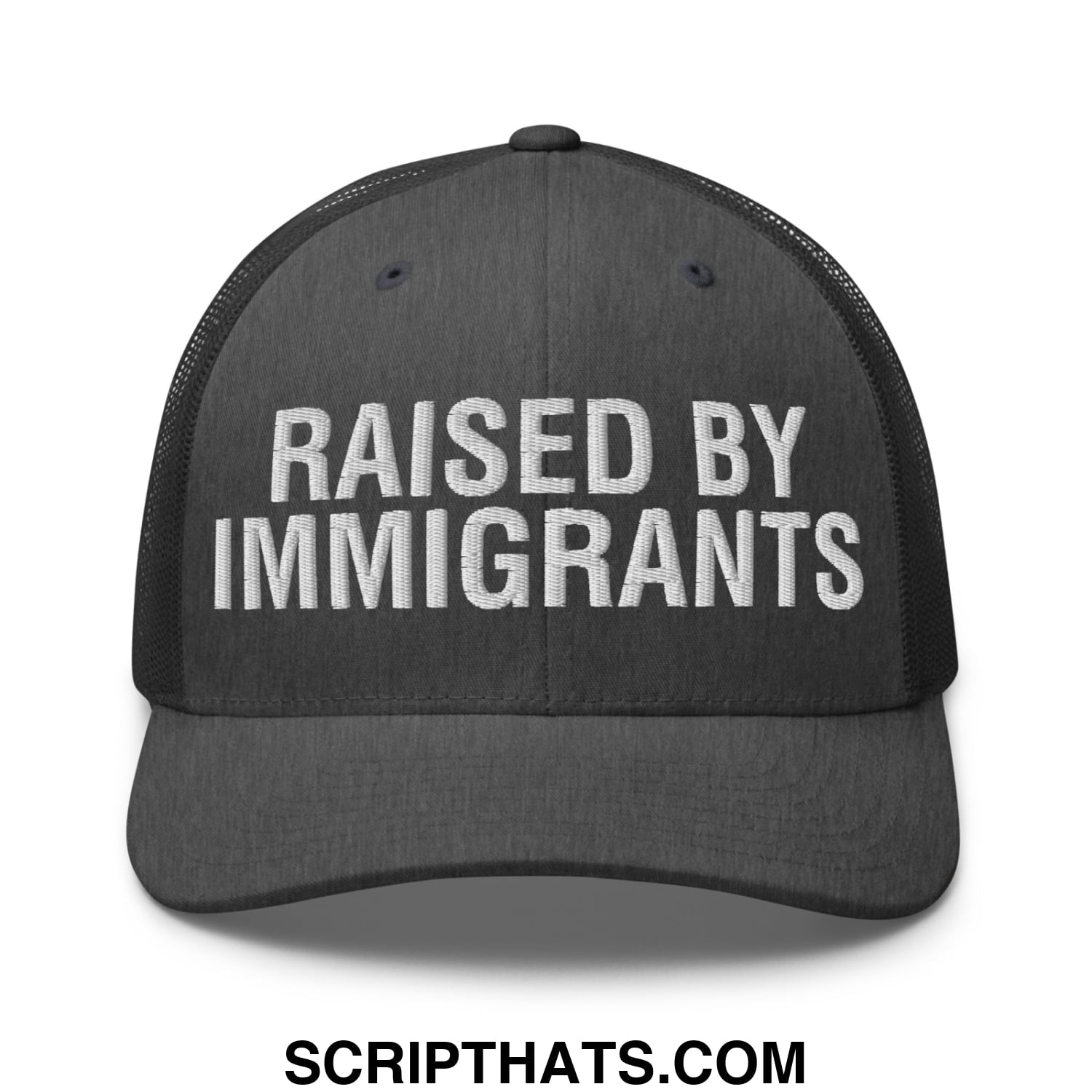 Raised By Immigrants Embroidered Mesh Trucker Hat Dark Heather Gray