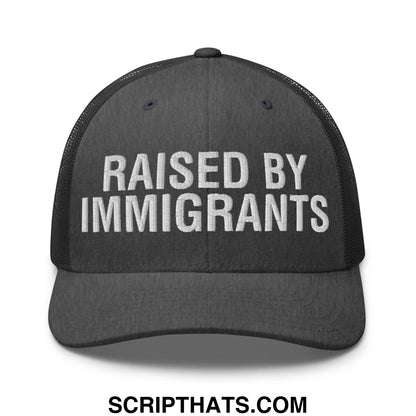 Raised By Immigrants Embroidered Mesh Trucker Hat Dark Heather Gray