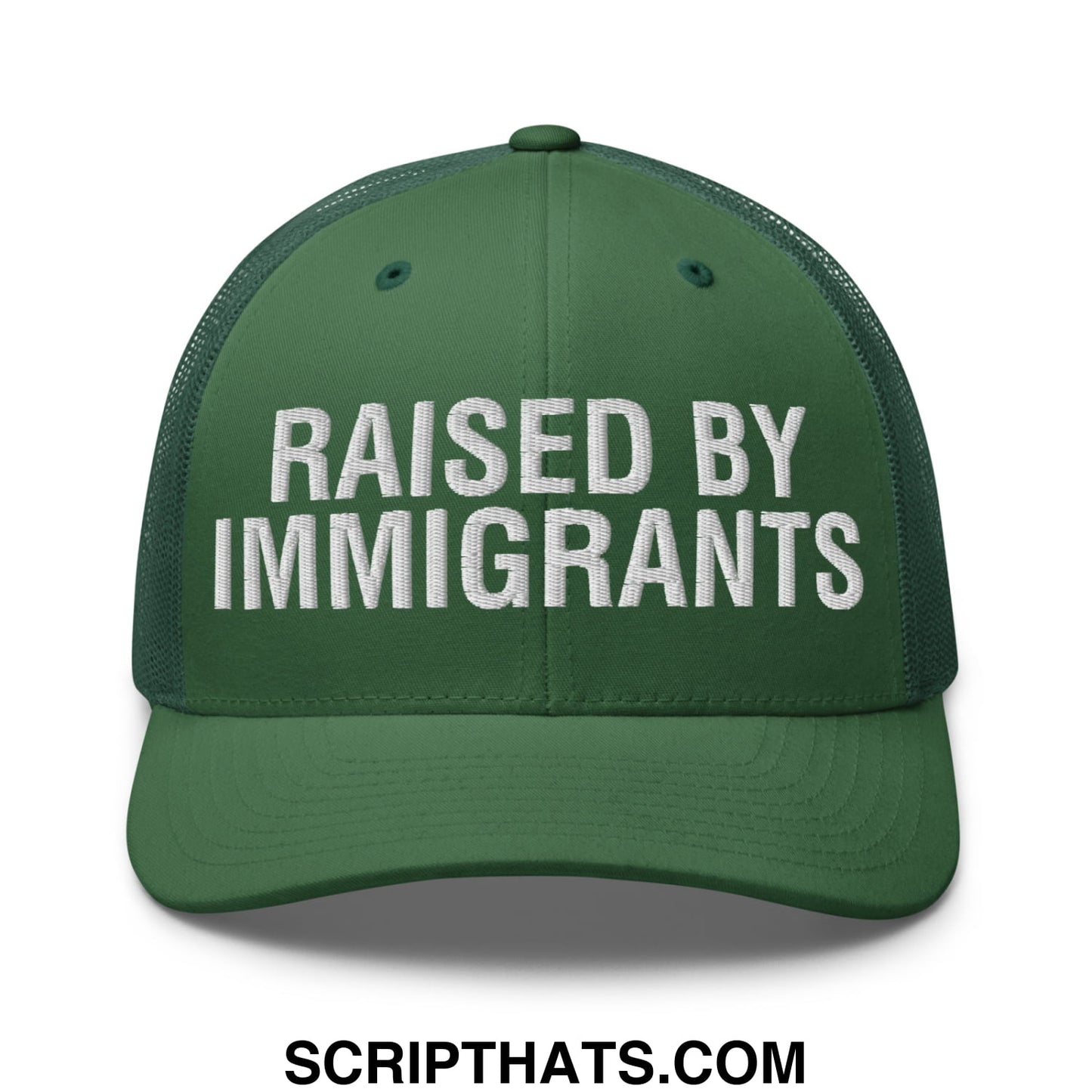 Raised By Immigrants Embroidered Mesh Trucker Hat Evergreen