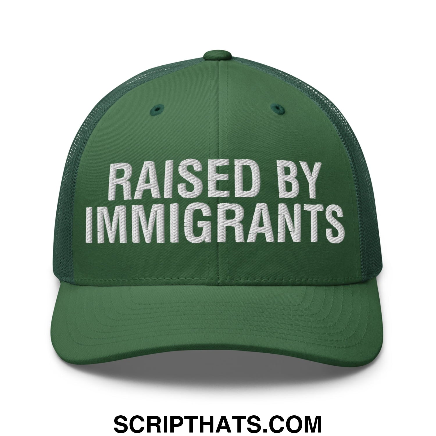 Raised By Immigrants Embroidered Mesh Trucker Hat Evergreen