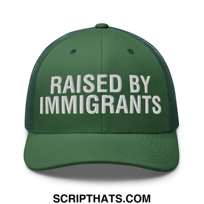 Raised By Immigrants Embroidered Mesh Trucker Hat Evergreen